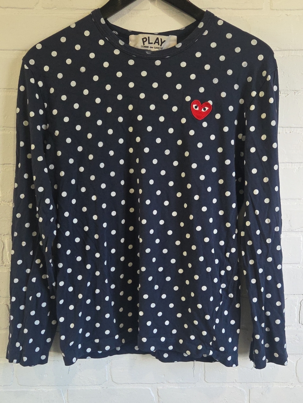Comme des Garçons PLAY Navy Polka Dot Long Sleeve Tee with Red Heart Patch